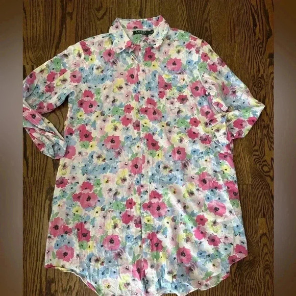 Lauren by Ralph Lauren Button Up Tunic, Floal, Vibrant, RL crest, size medium - Picture 2 of 7